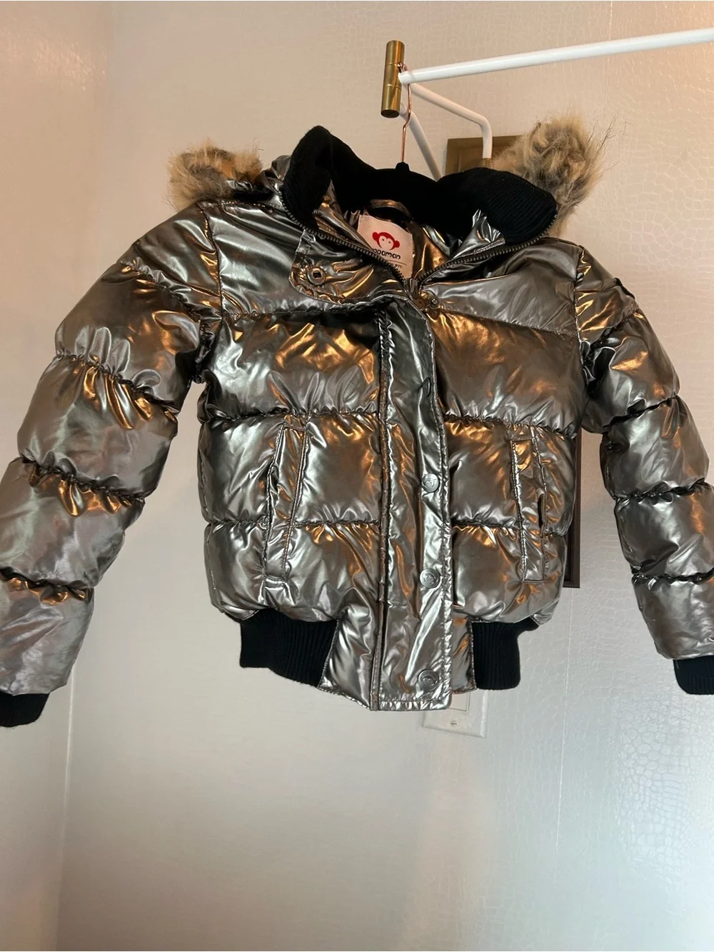 Appaman - Worn Once! Kids Metallic Puffer Jacket with Faux Fur Hood - Silver